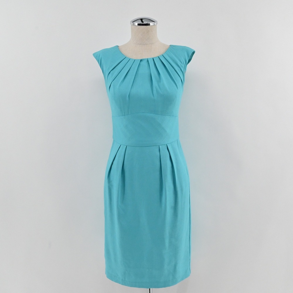 Trina Turk Pleated Sheath Dress Womens Size 0 Turquoise Blue Sleeveless Elegant